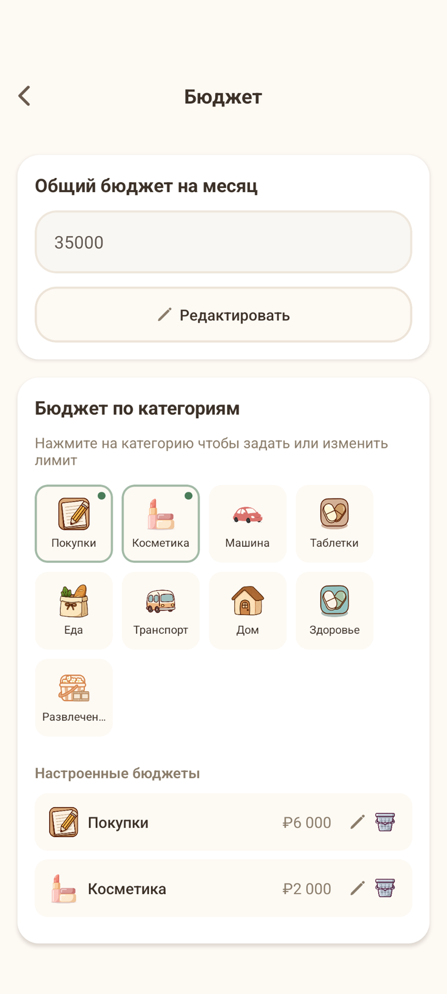 Месячный бюджет и лимиты по категориям